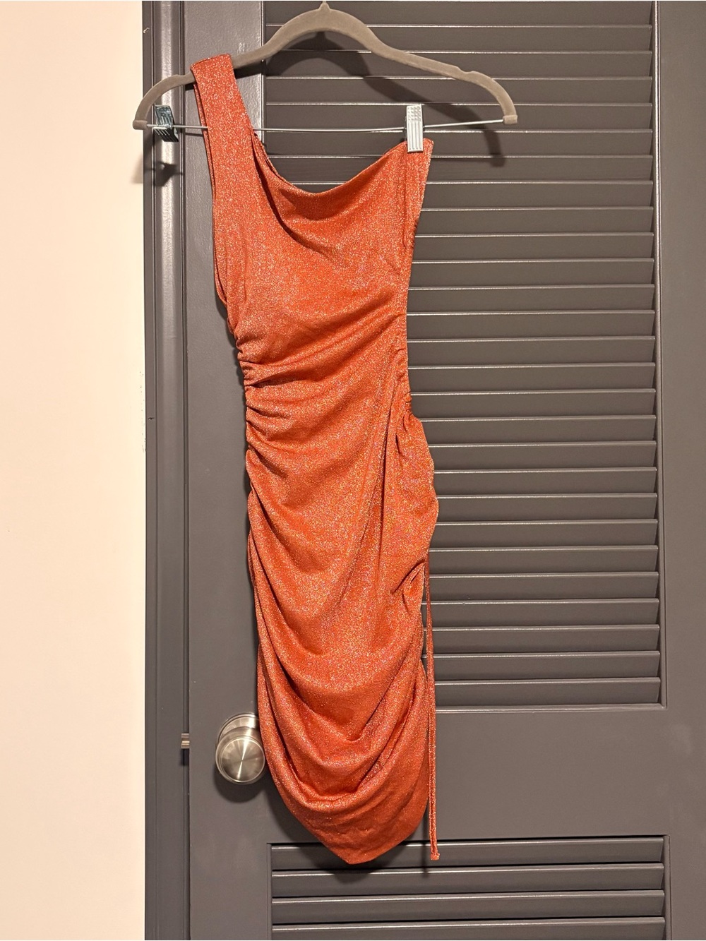 Charlie Holiday Shimmer Orange One-Shoulder Ruched Dress